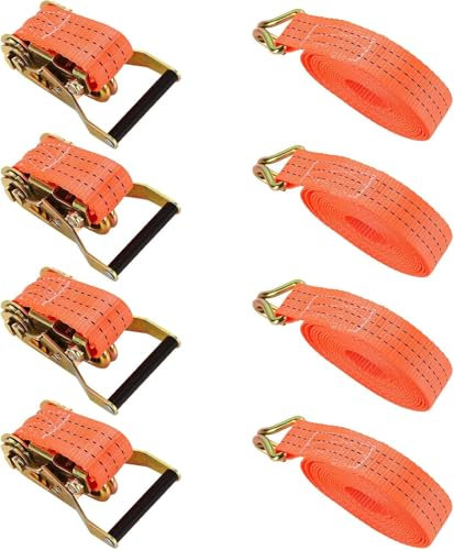 LDXDRU 4 Jeux de 6M×38MM Sangle d'arrimage à Cliquet, Sangle a Cliquet avec Crochet en Polyester, Sangles de Serrage avec Tendeur à Cliquet pour Remorque, Moto, Voiture Orange