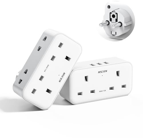 2 Pack UK to European Plug Adapter with 3 USB, 2 Way Euro Plug Adaptor with Dual 2 Pin Socket at The Bottom, Mscien EU Travel Adapter for Turkey Greece Germany France, Type E/F Europe Plug Adapter