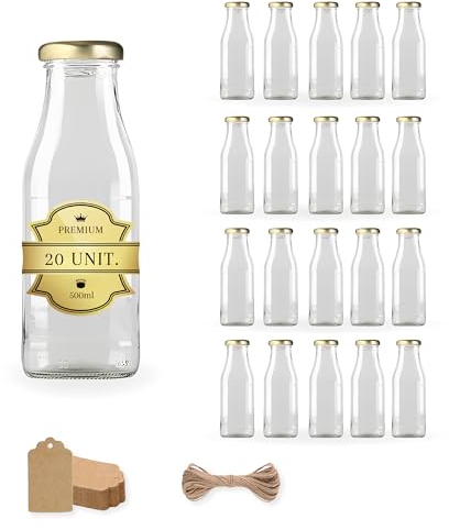 20 bottiglie di vetro vuote da 500 ml con coperchio, scatola, filo di iuta ed etichette kraft, bottiglie di vetro per succhi, latte, barbecue, salse, ideali per picnic, matrimoni e feste