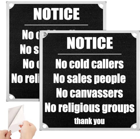 2 Pack No Cold Caller Signs - Reflective Metal Aluminum Signs, Self-Adhesive with Pre-Drilled Holes (10x10CM)