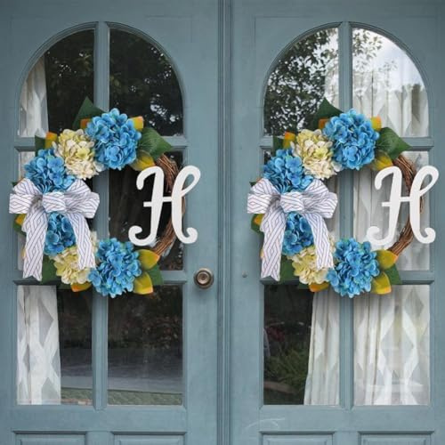 Welcoming Entry Decor Couronne d'hortensia bleu et jaune avec nœud de branche morte, 37 cm de diamètre