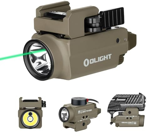 OLIGHT Baldr S Linterna Táctica 800Lm 130M 3 Modos con Luz Verde y Blanca Doble Interruptor Trasero Perfecta para Picatinny Rail y GLOCK Caza Defensa Utilizada (luz Blanca + luz Verde, Desierto)