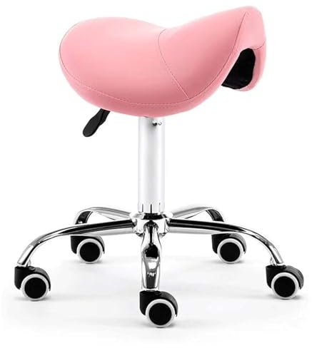 SBCGFY Ergonomischer Sattelhocker mit Rädern, PU-Leder, drehbarer Salonsitz, rollender Sattelstuhl, 48–60 cm, verstellbar für Tattoo/Beauty/Wimpern/Massage/Zahnarzt(Rosa)
