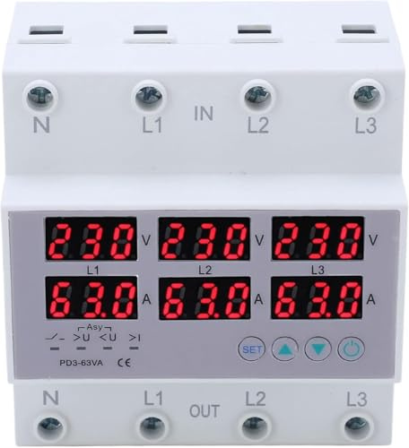 3 Phasen DIN Schienen Voltmeter CHSG 63, 1-63A PC-Material, Digitaler Amperemeter Stromzähler 3 Phasen mit Automatischem Überspannungs Überstromschutz für Echtzeitanzeige
