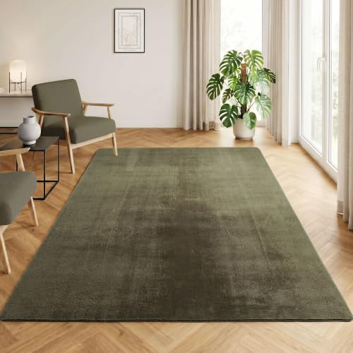 HomebyHome Teppich Grün 240x340 cm Waschbarer Kurzflor Teppich, rutschfest & weich, modernes einfarbiges Design für Wohnzimmer, Schlafzimmer, Küche & Kinderzimmer.