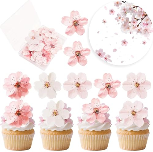 Tortenaufleger Esspapier + 50 Kirschblüte Tortendeko Essbar, Essbare Blumen für Torte, Rosa Blume Kuchen Deko Essbare Blüten Cupcake Topper für Hochzeit, Geburtstag, Jubiläum, Babyparty
