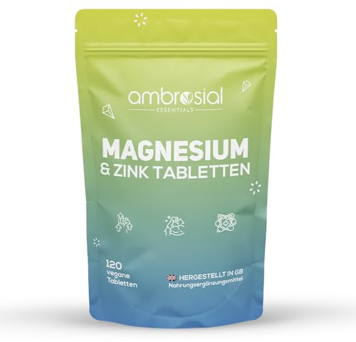 Ambrosial Magnesium & Zink Tabletten - 516 Magnesiumcitrat &16mg Zink Citrat pro Portion - 120 vegane Tabletten - Magnesium & Zinc tragen zur Erhaltung normaler Knochen bei (EFSA) - 2 Monate Vorrat
