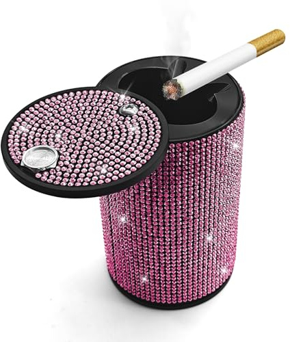 Rebvugr Bling Car Ashtray, Ashtray with Lid, Portable Sparkling Mini Ash Tray Cup Holder, Automotive Interior Accessories Multifunctional Smell Proof Ash Tray Fit for Car Home Office (Pink)