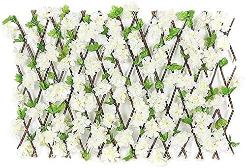 Valla de enrejado de jardín de madera maciza expandible con hojas artificiales, color champán, tamaño pequeño, ideal para plantas y decoración al aire libre