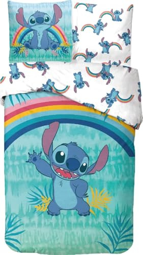 Parure de Lit Stitch pour Enfant, Housse de Couette Disney Réversible 140x200 cm, Taie d'oreiller 63x63 cm, 100% Coton (Parure de lit Stitch Disney)