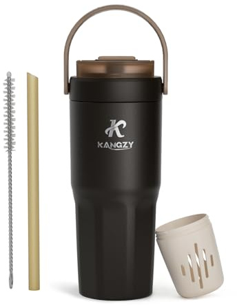 KANGZY Coffee Cup Travel Mug 600ml – Stainless Steel Insulated Water Bottle, 2-in-1 Lid, Vacuum Thermal Cup, Leak-Proof Design, Keeps Drinks Hot 8H+ / Cold 24H – Work, Travel & Car (Mocha Brown)