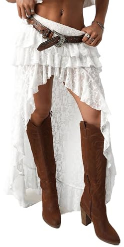 Anuedgis Women Y2k Lace Skirt Layered Ruffle Irregular Trailing Skirt Vintage 90s Hippie Cowgirl Low Rise A Line Mini Skirts (A-White, S)