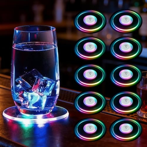 WIYETY 10 sottobicchieri a LED: diametro di 10 cm, rotondi, in acrilico, impermeabili con 7 modalità di colore e pulsante ON/OFF, sottobicchieri a LED per bottiglie, feste, matrimoni, bar, Natale