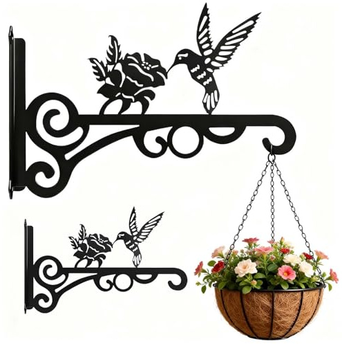 2 Stück Blumenampel Halterung Wandhaken, Metall Haken für Blumenampel mit Kolibri Design, Rostfrei Blumenhaken für Laternen, Vogelhaus & Windspiel, Garten Deko Schwarz