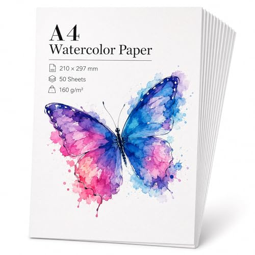 Carehabi Aquarellpapier A4 160g sm 50 Blatt Weiß Aquarell 21 x 29,7 cm | Wasserfarben Papier Aquarellpapier für Aquarell, Acryl, Zeichnen, Malen, Einladungen, Grußkarten, Skizzieren, Schreiben