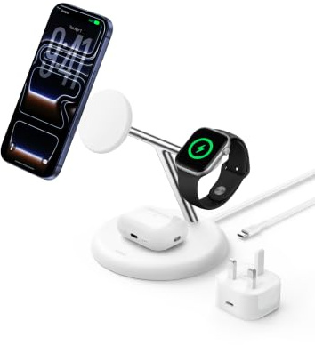 Belkin UltraCharge 3-in-1 Wireless Charging Station 25W, Qi2.2 Magnetic Wireless Charger - MagSafe Compatible for iPhone 17, Apple Watch, Pixelsnap, Galaxy S26 Ultra (45W Adapter Included) - White | Qi2.2-Certified MagSafe Compatible Magnetic Wireless Charger for iPhone, Apple Watch, Earbuds, USB C Cable, 45W Plug Included