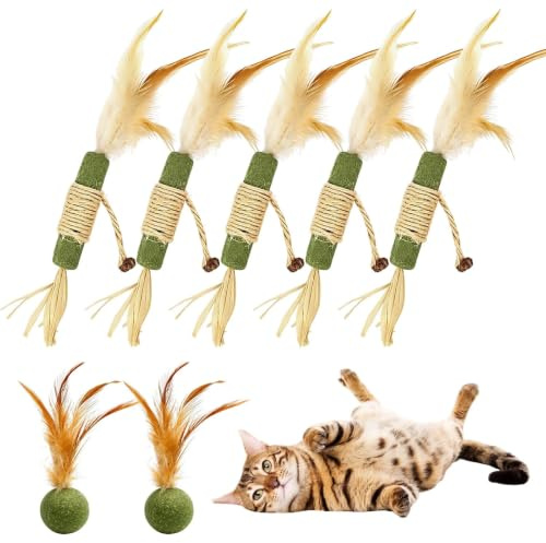 MFSKJELF 7pcs Catnip Feather Ball, Interactive Catnip-Balls With Feathers for Cleaning Teeth, Teeth Cleaning Dental Edible Kitten Toy