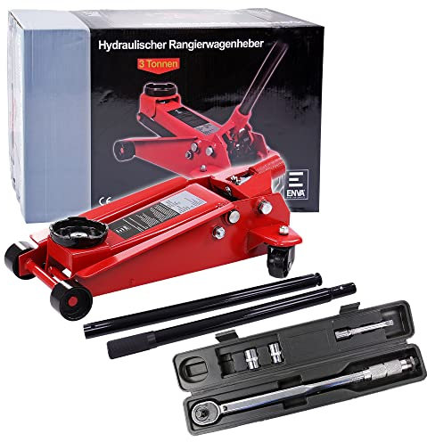 Hydraulischer Wagenheber 3t Rangierwagenheber Hubhöhe 130 – 465 mm + Drehmomentschlüssel 1/2 Zoll Antrieb Vierkant inkl. Verlängerung 110 mm Stecknüsse 17 mm und 19 mm