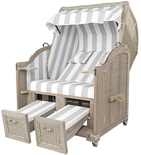 Strandkorbprofis Strandkorb Landhaus Sylt Teak Vintage, Geflecht White-Washed, Bezug PVC Blockstreifen grau