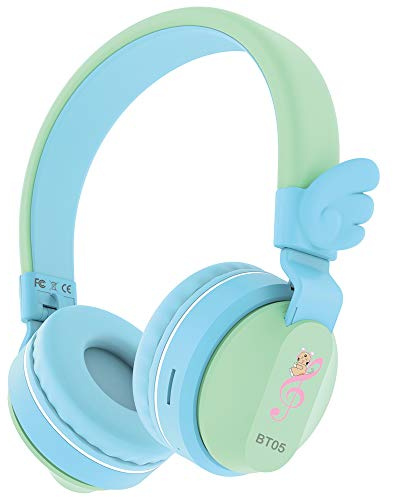 Riwbox Kids Wireless Headphones, BT05 Wings Kids Bluetooth Headphones Over Ear 85dB/103db Volume Control Children Foldable Headphones with Mic/TF Card for Tablet/Smartphone/School (Blue&Green)