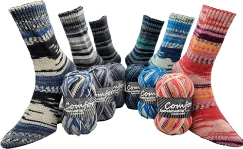 Gomitolo di lana per calze, Comfort Color, 4 fili, set di colori 6 x 100 g, lunghezza 420 m, 100 g, multicolore