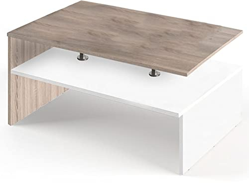 BAKAJI Tavolino Divano Tavolo Caffè da Salotto Rettangolare Design Moderno in Legno MDF e Metallo con Ripiano Inferiore Arredamento Interni Dimensione 90 x 59 x 42 cm (Bianco e quercia effetto legno)