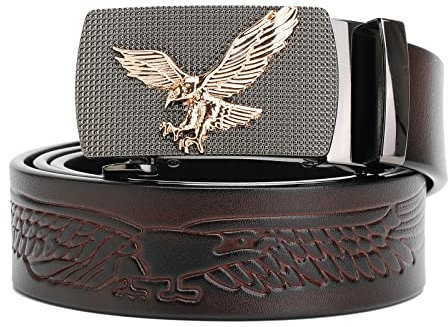 TOUGERJOY Cintura a cricchetto in vera pelle con fibbia automatica, Eagle Print regolabile Slide Belt - Click Sliding Eagle Buckle