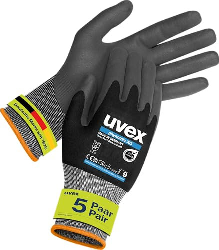Uvex phynomic XG, 5 Paar - Montagehandschuh, Schutzhandschuh, Arbeitshandschuh - extra grip, wiederstandsfähig & feinfühlig - schwarz, grau - Größe 09/L