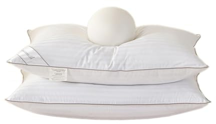 Eastwarmth Juego de 2 almohadas de plumas de ganso, 100 % algodón, a rayas, color blanco, tamaño Queen (paquete de 2)