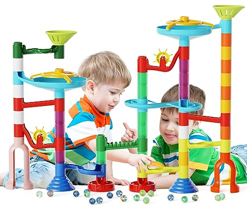 Murmelbahn Kinderspiel - 110PCS Mehrfarbige Kugelbahn Marble Run Set mit Spannende Bahnelementen und Glasmurmeln, kinderspiel Geschenk für Kinder Mädchen Jungen 3-12 Jahren