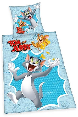 Herding Bettwäsche-Set, Tom & Jerry, Kopfkissenbezug 80 x 80 cm mit Knöpfen und Wende-Motiv, Bettbezug 135 x 200 cm, Mit Knopfverschluss, 100% Baumwolle/Linon