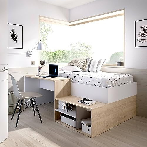 Dmora - Letto per bambini Cervino, Lettino singolo per cameretta, Set con scrivania e scaffali, 134x195h73 cm, Bianco e Rovere