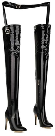WOkismD 11CM/ 4.33IN Plus Größe Performance Pole Dance Sexy Lackleder Stiletto Heels Oberschenkel-Hohe Stiefel Spitz Toe Sexy Pant-Taille Stiefel