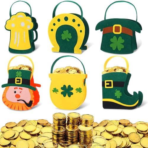 Gemscream 156 Pcs Felt Bags 6 Gold Shamrock Coins Horseshoe Candy Holders