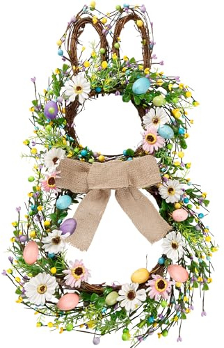 Sggvecsy 25 Inch Easter Bunny Shaped Artificial Flower Wreath with Colorful Berries Daisies Greenery Bow Knot for Front Door Easter Summer Farmhouse Wall Home Window Decor