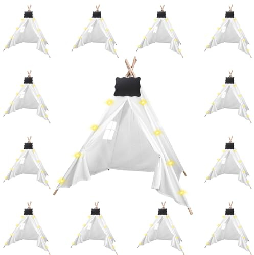 MBJZSL 12pcs Teepee Tents Set with Markeable Small Blackboards and 10FT String Lights, Foldable Indoor Outdoor Play Teepee Tent for Girls & Boys, for Birthday Party Boho Sleepovers Party (White)