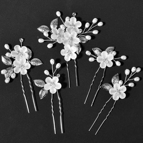 5 Stück Braut Haarschmuck, U-förmig Hochzeit Haarspangen,Blumen Perlen Braut Haarschmuck,Haarnadeln Blume Silber Strass Brautschmuck,für Frauen Mädchen