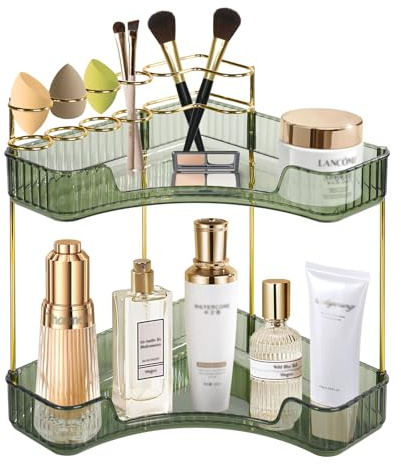 Almacenamiento de Cosméticos de Maquillaje: Organizador de Baño Verde de 2 Capas Esquina Organizador de Maquillaje Ajustable Organizador de Pinceles Multifuncional Estante de Cosméticos para Tocador