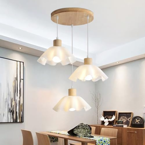 JOJOM Moderne Hölzerne Hängelampe Kreative Blume Anhänger Höhe Verstellbar Weiß Acryl Lampenschirm E27 Sockel Für Wohnzimmer Küche Esszimmer Coffee Shop (Glühbirne Nicht Enthalten)(C)