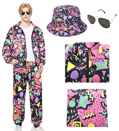 Raveparty 80er Jahre Outfit Herren Damen, 80er Trainingsanzug, Jogginganzug 80er Jahre, 80er Jahre Trainingsanzug Jacke Hose Anzug 80er Accessoire, Faschingskostüme, Karneval.