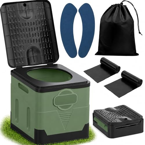 SaiXuan Toilette Portable – 25L Capacité, Supporte Jusqu’à 150KG, WC Portable avec 24 Sacs Jetables, Sac de Transport & Coussin, pour Camping, Randonnée, Camping-Car (Vert militaire)