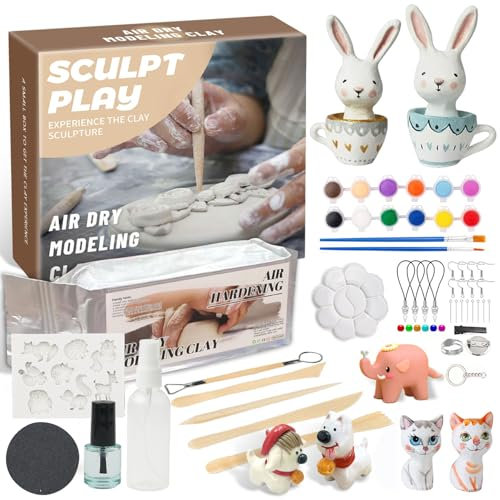 Augesak Töpferset fur Zuhause fur Anfanger,Weiß Keramik Bemalen Set,Bastelsets Erwachsene,DIY Kreativ Clay Set,Basteln Enthält Lufttrockenen Ton Töpfer set,Farbe und Werkzeugset