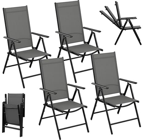 eSituro Set med 4 hopfällbara trädgårdsstolar, 7-positioners höga ryggstöd, justerbara utomhusstolar, av metall och väderbeständigt, för trädgård, balkong, terrass, svart + grå