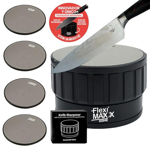 Afilador cuchillos Fleximaxx Home ® dos discos reversibles 300/400/600/1000 - Sistema de fijación con ventosa máxima estabilidad y precisión afilador de cuchillos profesional