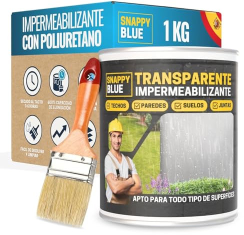 Impermeabilizante Transparente con Poliuretano, Sellador Impermeable, Revestimiento Impermeable Definitivo, Hidrofugante Invisible para Todo tipo de superficies. (Transparente, 1 Kg + Brocha)