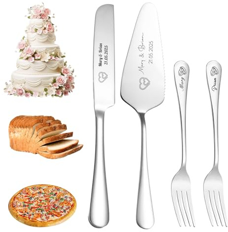 FKF Couteau et Serveur pour gâteaux de mariage, Vaisselle avec gravure de texte et de logo personnalisée, Set De Coupe et Tranche pour, Convient pour les fêtes, les pique-niques (Style-4)