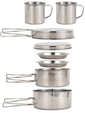 Juego de Utensilios de Cocina para Camping, 8 Piezas, Juego de Ollas y Sartenes de Acero Inoxidable con Platos, Tazas para Camping, Senderismo, Mochileros