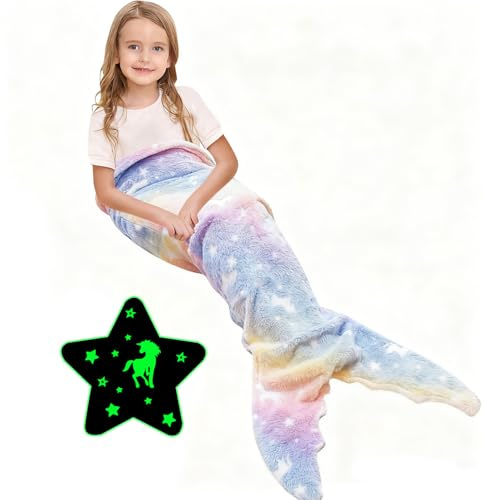 Ranedo Couverture Queue de sirène, Couverture Licorne phosphorescente, Plaid Doux en Flanelle Toutes Saisons, Cadeau d'anniversaire pour Filles et Enfants, 140 cm x 60 cm, Violet