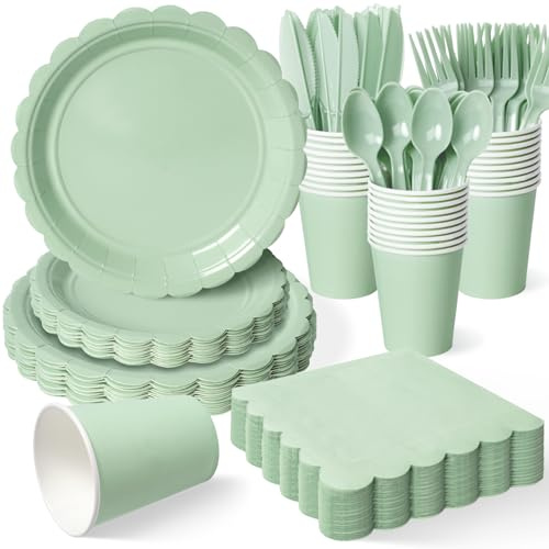 Vyntra 350 Pcs Sage Green Disposable Paper Plates and Napkins Set for 50, 9 Dinner Plates & 7 Dessert Plates, Tableware for Birthday, Garden Party