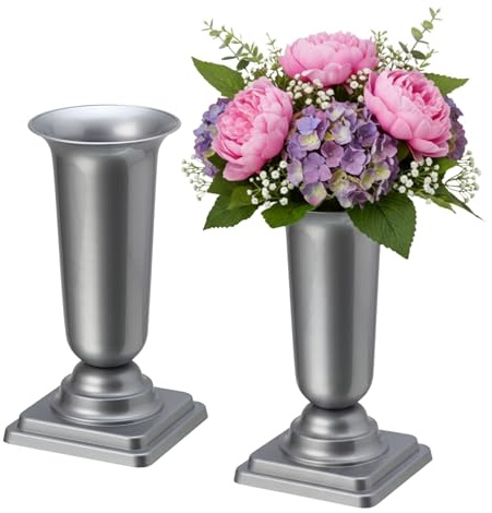 matches21 HOME & HOBBY Vasi tombali resistenti agli agenti atmosferici con base 40 cm Argento - 2 vasi tombali da posizionare come ornamento per tombe